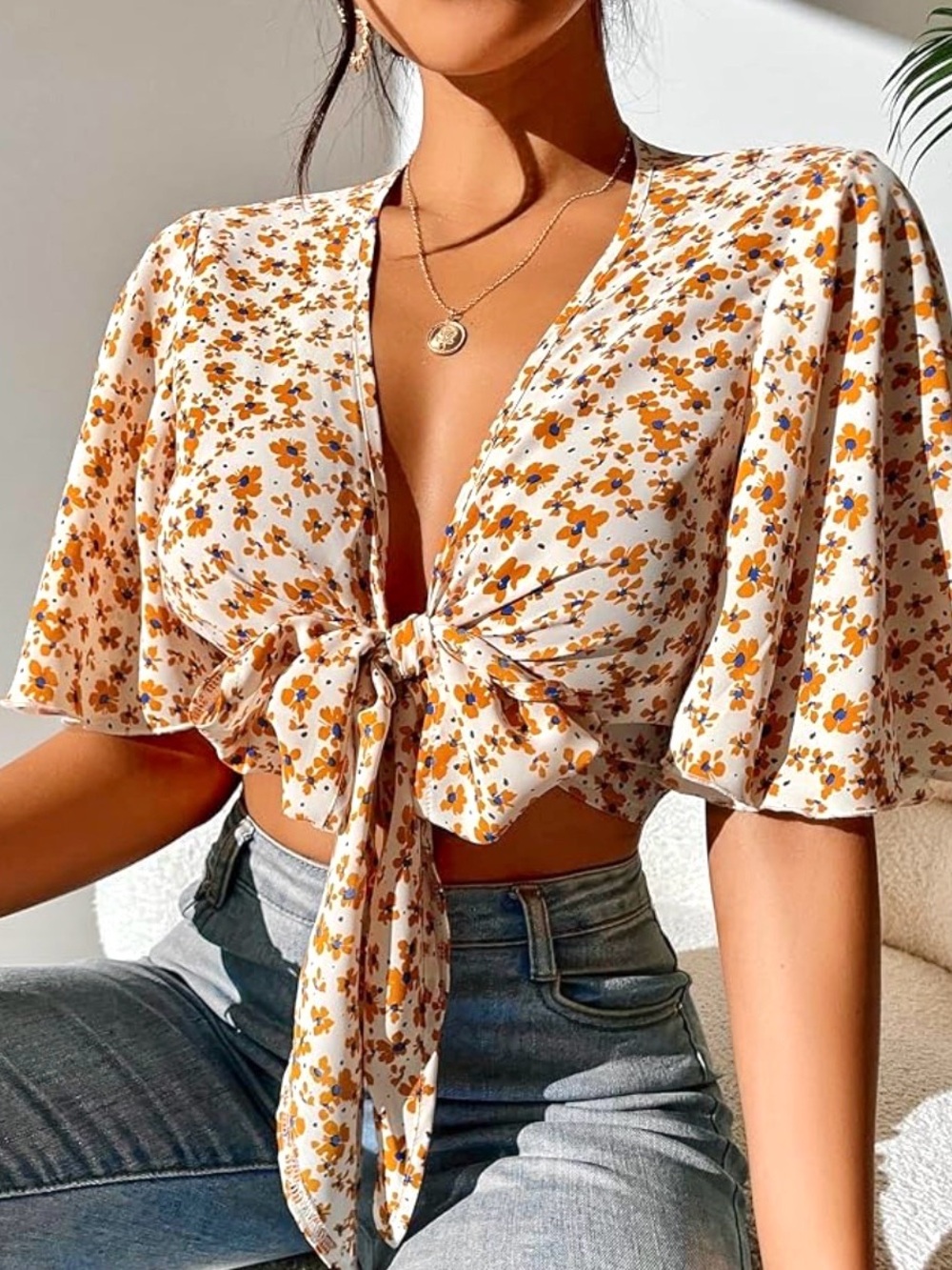 Womens crop tie shirt size L white orange flower print flutter short sleeve boho